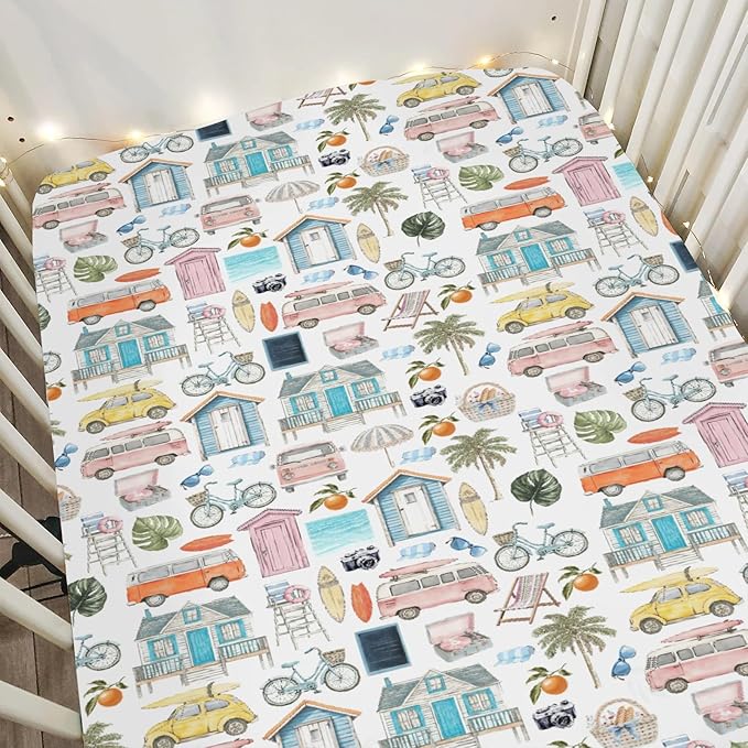 Watercolor Summer Travel Baby Crib Sheets Boy Girl 52x28Inch Boho Hippie Beach House Surfboard Palm Car Soft Snug Fitted Crib Mattress Cover Beach Days Baby Sheet for Standard Crib & Toddler Mattress