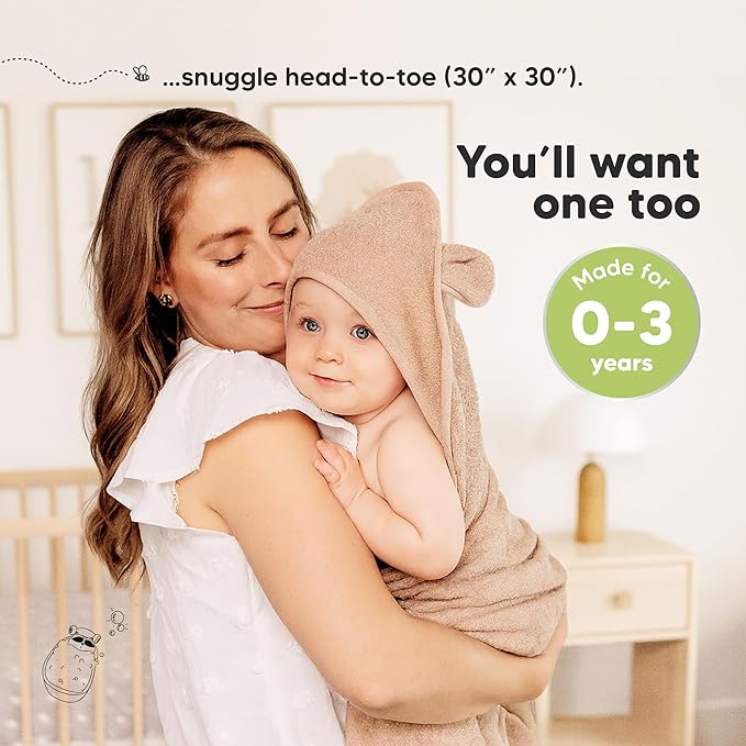 KeaBabies 2-Pack Hooded Baby Towels for Newborn - 30x30 Soft & Absorbent Viscose from Bamboo Baby Bath Towels with Hood for Infant, Toddler,Kids,Boys Girls,Newborn Bath Essentials (Almond, Petite)