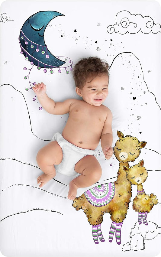 JumpOff Jo - Fitted Mini Crib Sheet for Portable Crib, Playard, and Playpen Mattresses and Mats, Soft 100% Cotton, 24 in. x 38 in. - Llama and Mama