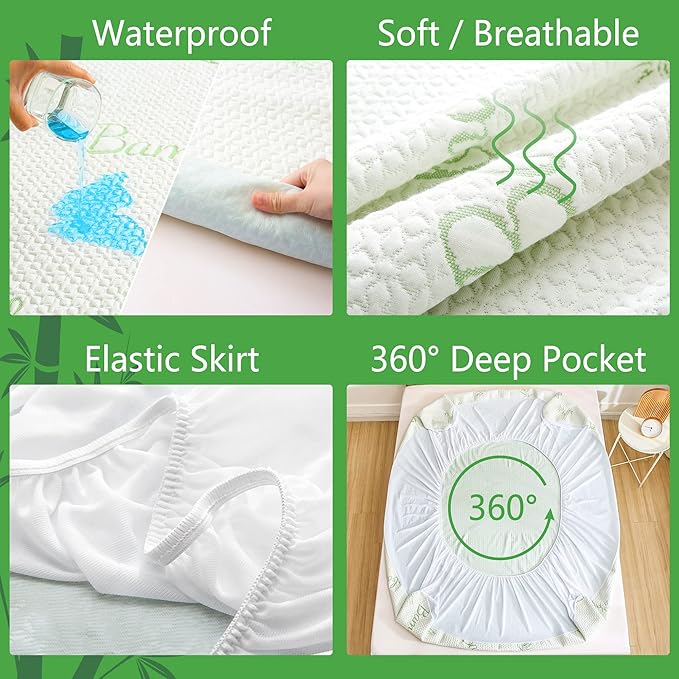GOONIK 2 Pack Twin Size Mattress Protector, Breathable Bamboo Viscose Waterproof Twin Mattress Pad Cover with 6-16 inches Deep Pocket