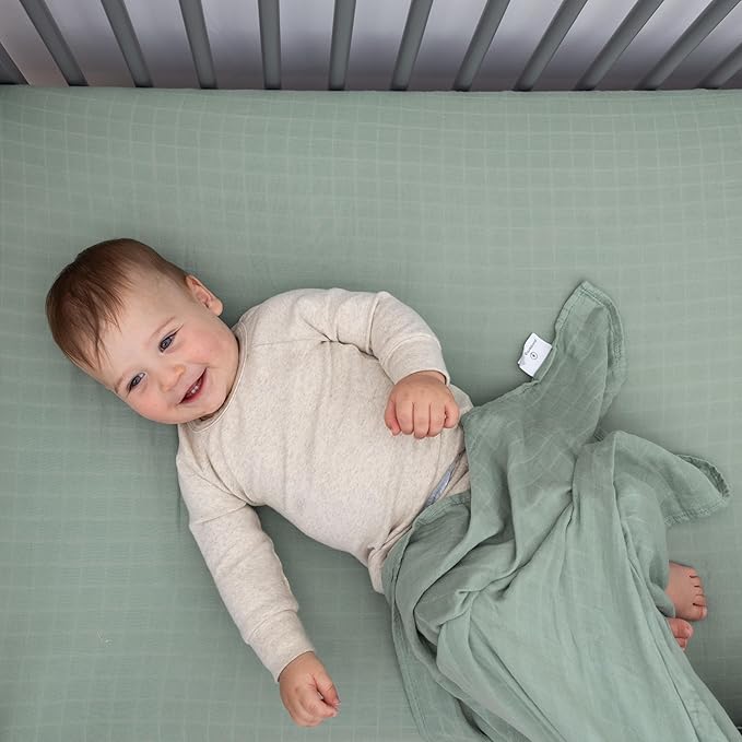 Organic Muslin Fitted Crib Sheet - Organic Crib Sheet for Standard Crib and Toddler Mattresses, Soft and Breathable, Solid Sage Green, Boho Baby, 28”x52”
