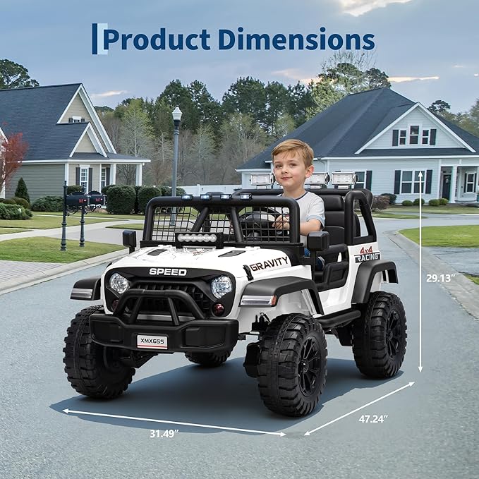 24V 2-Seater Kids Electric Truck with Parent Remote Control, 100Min Ride-on Car, 4WD Dual Motor, 2 Speeds, Spring Shock Absorber, LED Headlights, Siblings Gift Kids Electric Vehicle, White