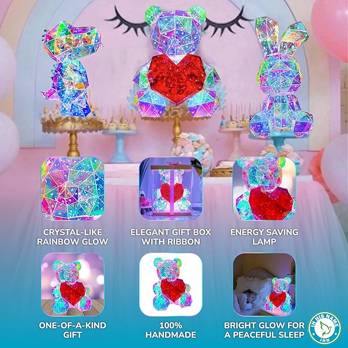 In His Name LED Teddy Bear Night Light Colorful LED Light Up Bear with Red Heart for Kids Room Premium Bedside Nursery Decor Cute Lamp for Toddler Unique Gifts Spring Decor