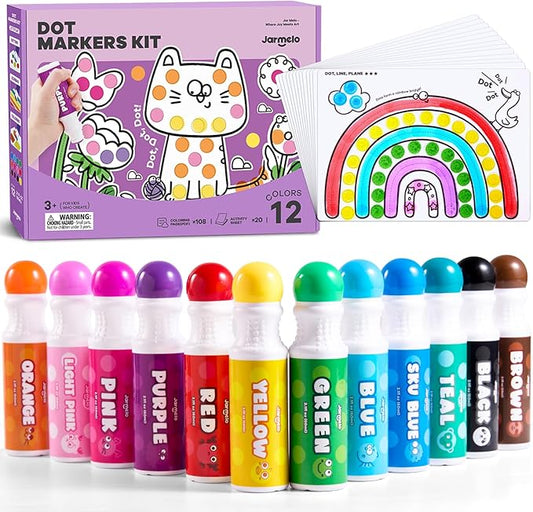 Jar Melo Washable Dot Markers for Toddlers, 12 Colors Dot Paints with 120 Printed PDF & 20 Activity Papers, Non-Toxic Bingo Markers for Kids Arts and Crafts Gifts
