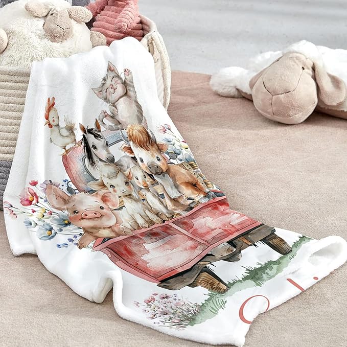 Custom Baby Crib Bedding Set, Personalized Name Animal Truck Design Crib Set 3 Pcs, Soft Double Layer Blanket, Crib Sheet & Room Rug, Ideal Nursery Decor Gift for Baby Girls Boys