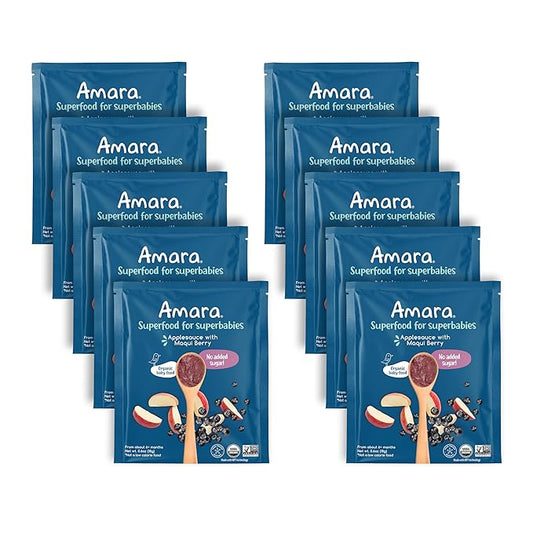 Amara Organic Baby Food - Stage 2 - Applesauce & Maqui Berry - Baby Cereal to Mix With Breastmilk, Water or Baby Formula - Shelf Stable Baby Food Pouches Made from Organic Fruit - 10 Pouches, 3.5oz Per Serving