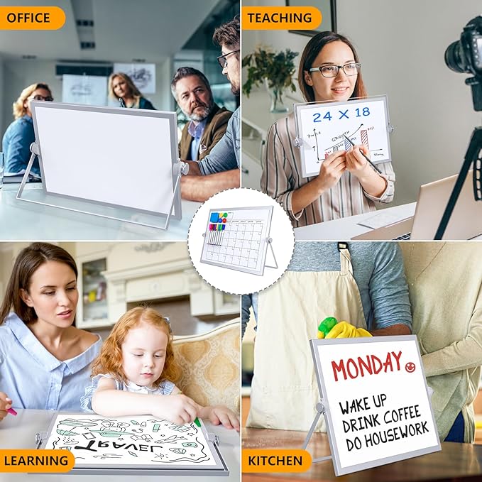 Laokiiy Dry Erase White Board, 16X12IN Magnetic Desktop Whiteboard Calendar with Stand, 8 Markers, 4 Magnets, 1 Eraser, Portable Double-Sided White Board Easel for Kids Memo to Do List Desk