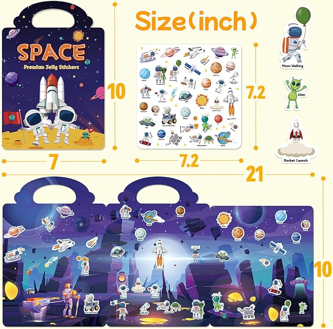 Reusable Sticker Book for Toddlers 3-6, Jelly Stickers for Kids, Sticker Activity Book Travel Toys for Road Trip, Car & Airplane, Educational Learning Gifts for Boys and Girls (Space Theme)