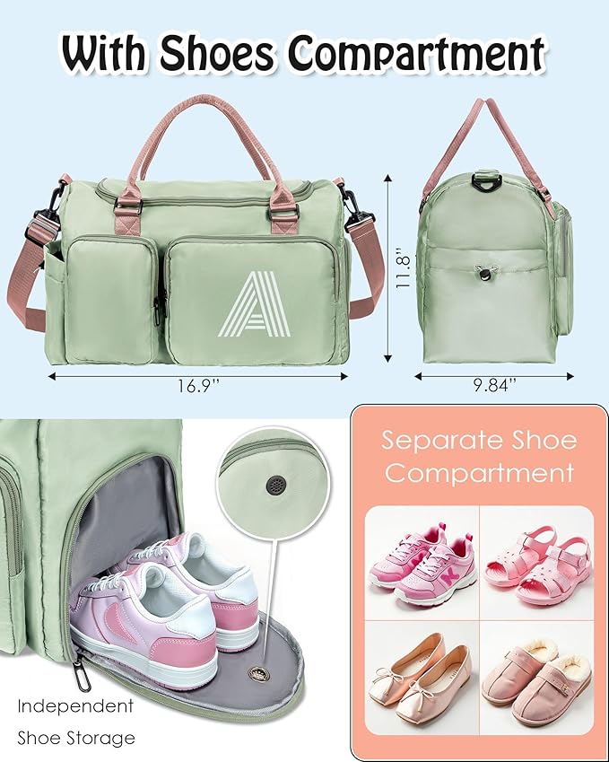 Elilier Initial Gym Bag for Girls - Kids Travel Duffel, Sports & Personalized Weekender with Shoes Compartment, Monogram Overnight & Dance Bag, bridal shower gifts