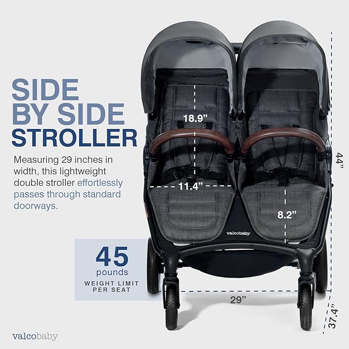 Valco Baby - Trend Duo Double - Side by Side Double Stroller for Newborn and Toddler - Easy Compact Fold, Multi-Position Recline, Large Canopy Infant Twin Stroller 2025 (Charcoal)