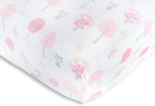 SwaddleDesigns Cotton Muslin Fitted Crib Sheet/Toddler Sheet, Pink Thicket, 28x52x6 Inch (Pack of 1)