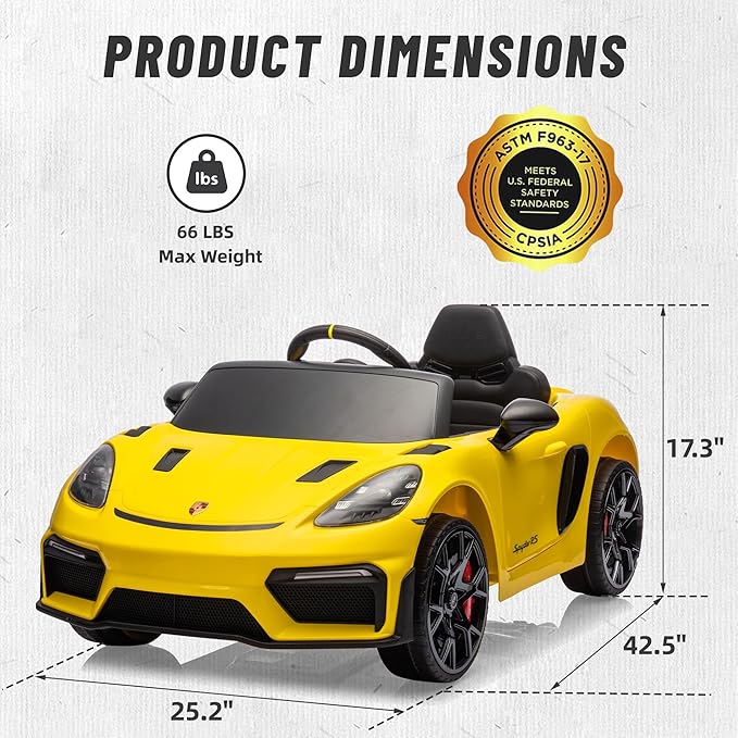 First Ride On Licensed Porsche 718 12V Ride on Toy for Kids, Ride on Car for Toddler, Child Electric Vehicle w/Parent Remote Control, 3 Speeds, Foot Pedal, Music, MP3, Led Headlights (Yellow)