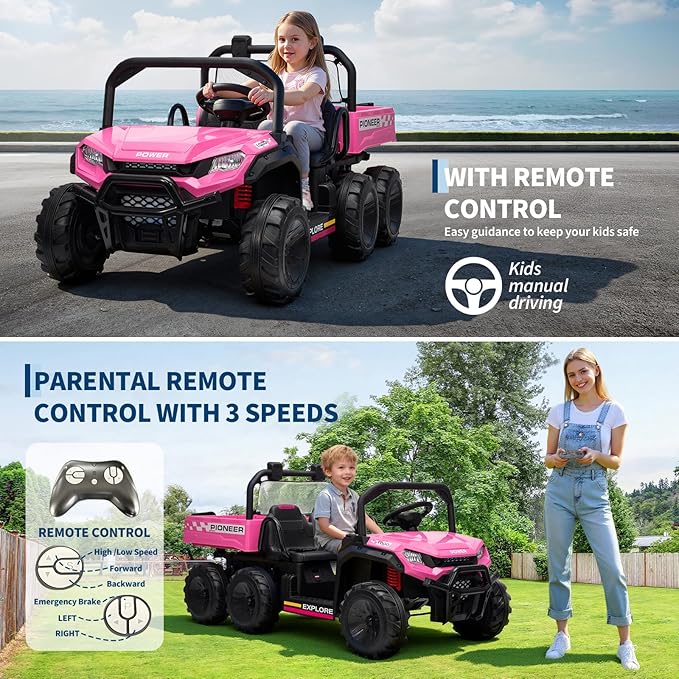 24V 4WD Electric Ride-on Dump Truck for Kids, 2-Seater with Parental Remote Control, 3 Speeds, All-Terrain Off-Road Toy Car for Boys Girls, Pink