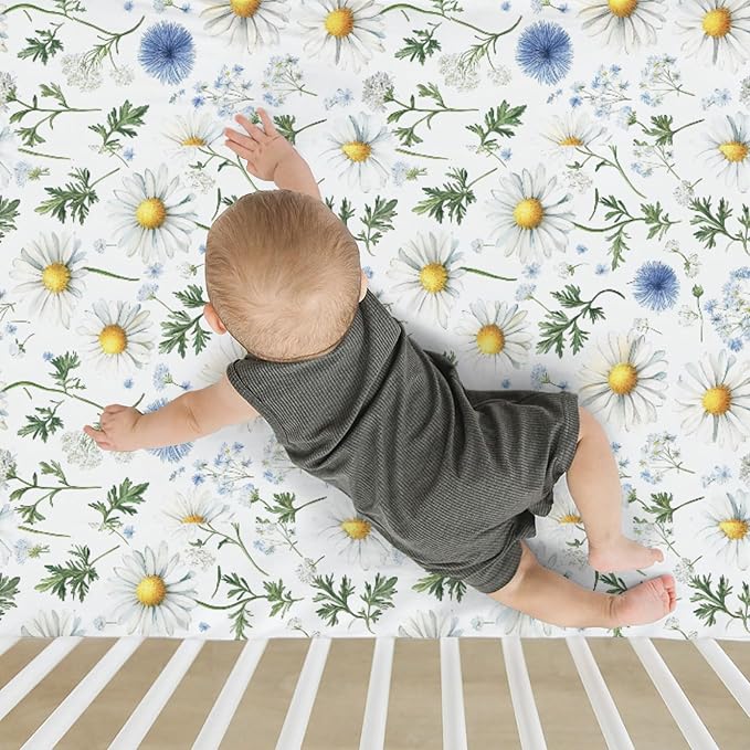 Vintage Daisy Boho Floral Baby Crib Sheets for Boy Girl 52x28Inch Wild Flowers Leaves Soft Stretchy Fitted Crib Mattress Cover Spring Summer Baby Sheet for Standard Crib and Toddler Mattress