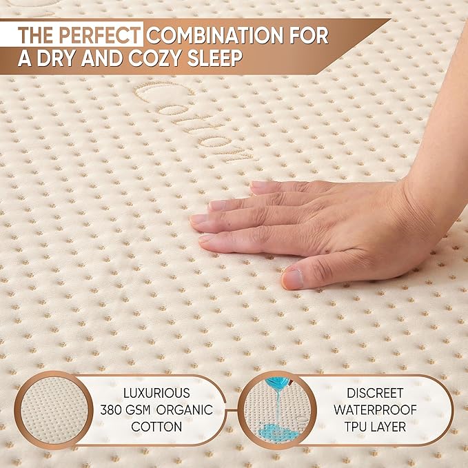 Luxury Waterproof Organic Mattress Protector Queen - Organic Cotton Breathable Mattress Pad Cover - Premium 380 GSM Comfort - Deep Pocket - Jersey Cotton Skirt - Fitted Design