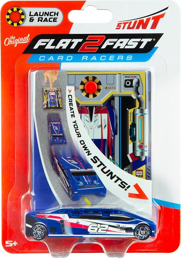 FLAT 2 FAST Original Stunt Card Racer – Flat Car Racer and Pocket Size Racecar Launcher with Built-in Button for Stunt Launching and Racing – Compact – Cobalt Blue