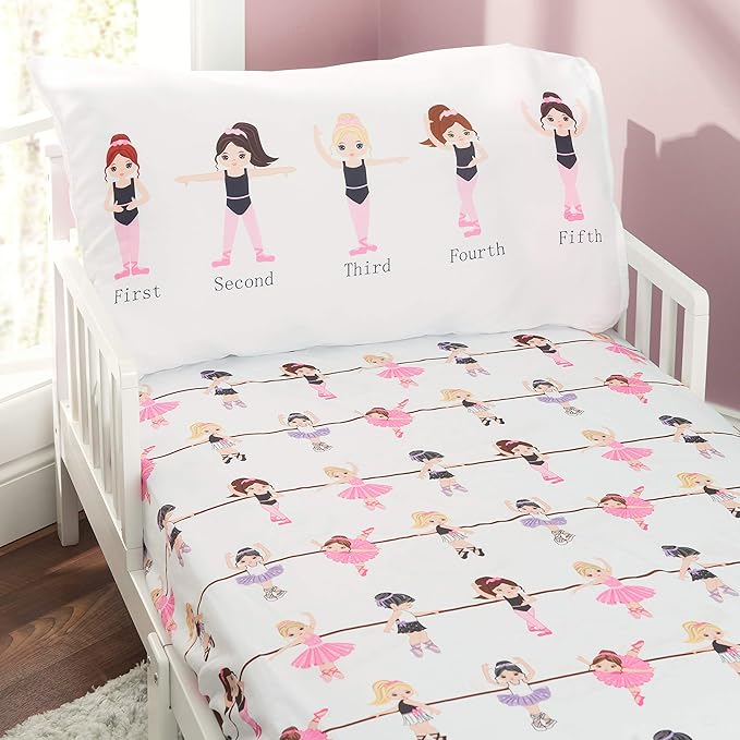 EVERYDAY KIDS 4 Piece Toddler Bedding Set -Born to Dance Ballerina- Includes Comforter, Flat Sheet, Fitted Sheet and Reversible Pillowcase