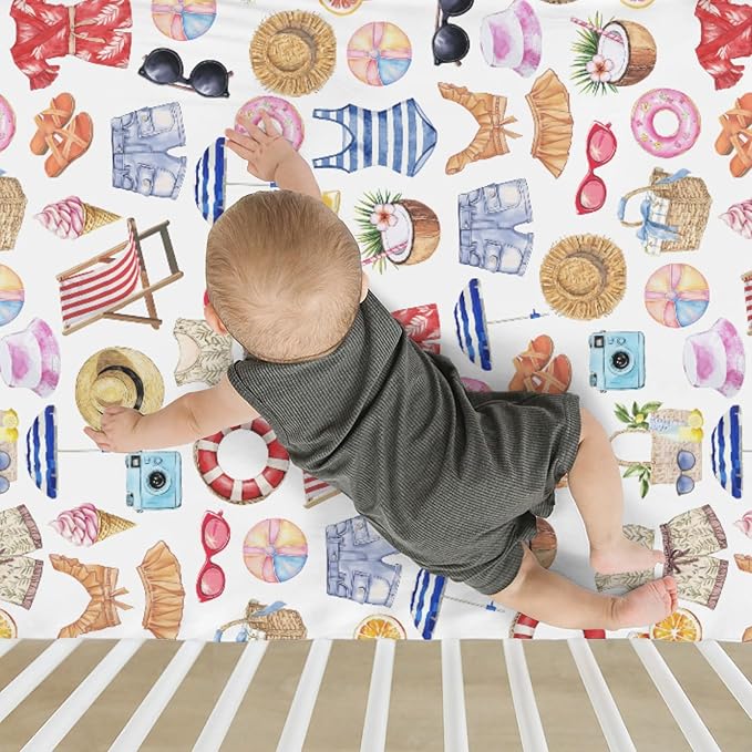 Watercolor Girl Beach Days Baby Crib Sheets for Boy Girl 52x28Inch Summer Seaside Soft Stretchy Fitted Crib Mattress Cover Beach Vacation Holiday Baby Sheet for Standard Crib & Toddler Mattress Pad