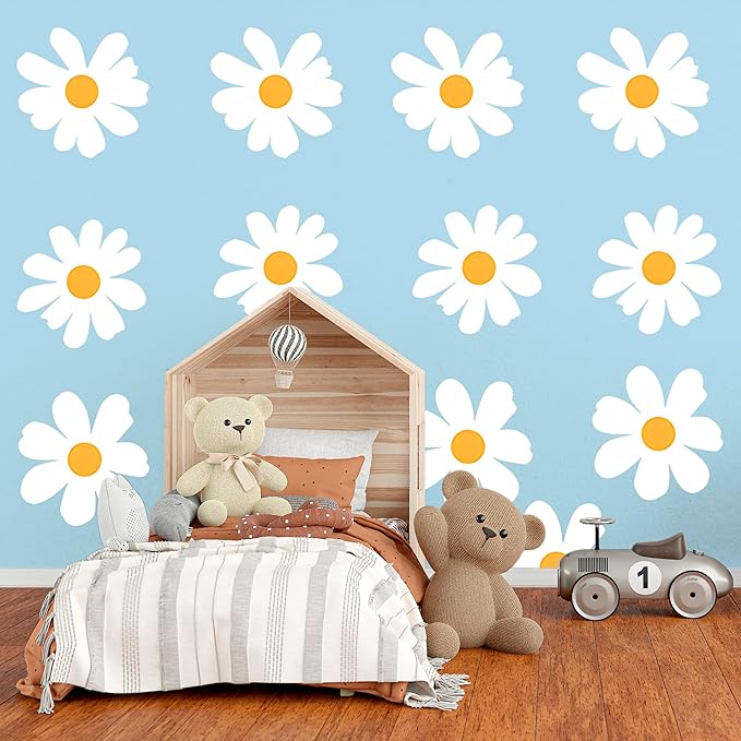 12 Sheets Daisy Wall Decals Big Daisy Wall Stickers White Flower Wall Stickers Peel Floral Stickers for Kids Girls Nursery Playroom Bedroom Living Room Wall Décor