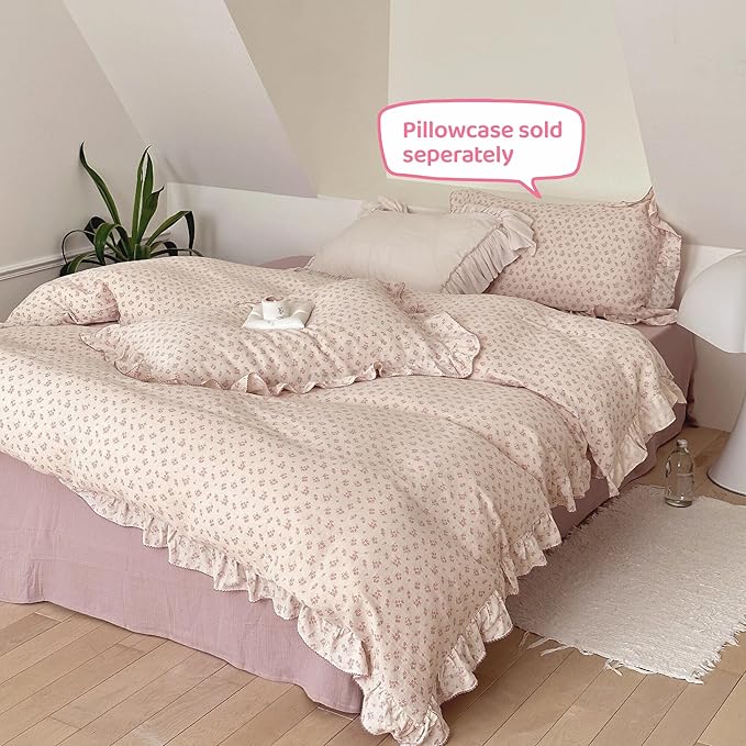 BuLuTu Pink Galsang Flower Print Girls Duvet Cover Twin Size Comforter Cover Gauze Cotton Kids Teens Bedding Vintage Floral Design Quilt Cover with Ruffles, 68"x86", No Pillow Case/Comforter