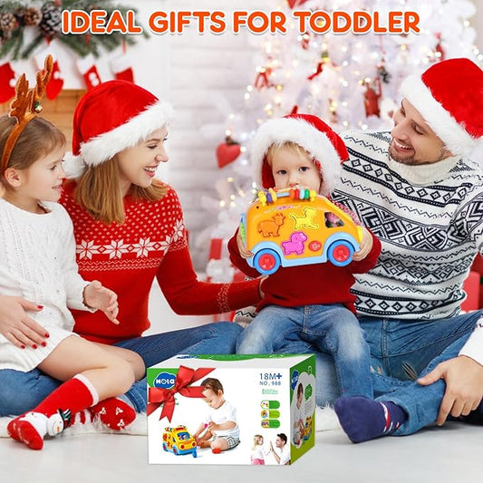 Toy Cars for 2 Year Old Boy Toys, Baby Boy Gifts, Musical Learning Crawling Toys for Toddlers 2-3, Educational Baby Bus with Animal Blocks, Christmas Birthday Gift for 2 3 4 Year Old Boys Girls Kids