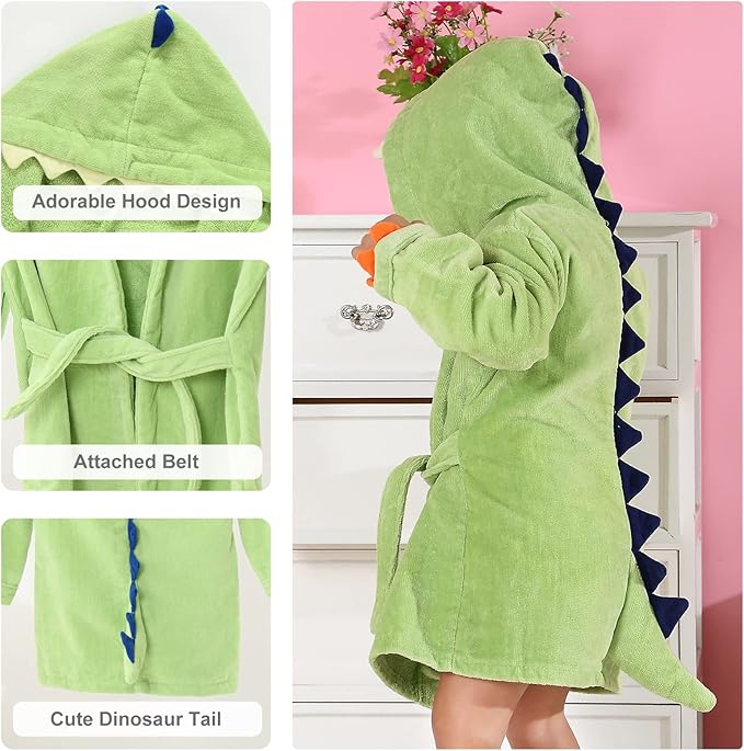 MICHLEY Girls Boys Robe Cotton Towel Baby Animal Dinosaur Style Hooded Bathrobe