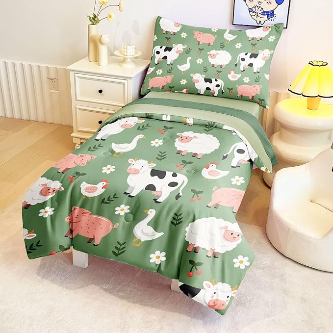 4 Pieces Toddler Bedding Set for Boys Girls,Farmhouse Farm Animal Toddler Comforter Set Bed in a Bag Includes Comforter, Flat Sheet, Fitted Sheet and Pillowcase