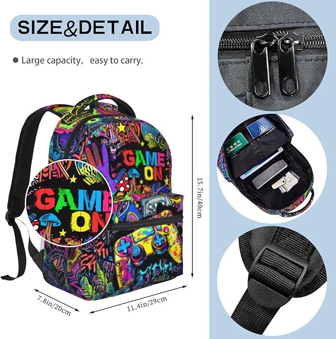 Nebcog School Backpack for Boys Gamer Boys Backpack for Kids Children Elementary Middle School Video Game Bookbag Backpacks for 6-18 Waterproof Lightweight 17 Inches Travel Back Pack