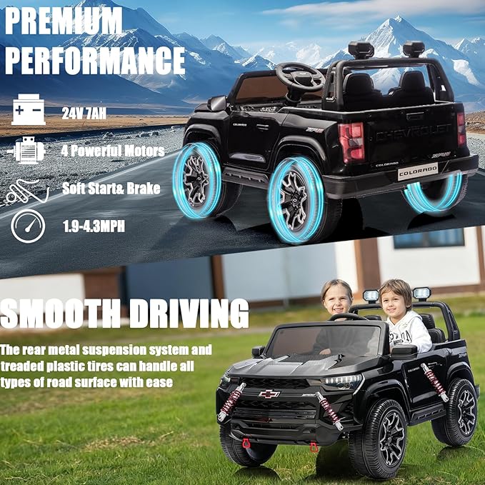 POSTACK Official License Chevrolet 24V 7Ah Big Battery Powered Kids Ride On Toy Car 2-Seater Truck with Remote Control,LED Bright Lights and Music Play Children Gifts for Boys and Girls Black