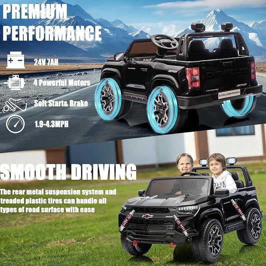 POSTACK Official License Chevrolet 24V 7Ah Big Battery Powered Kids Ride On Toy Car 2-Seater Truck with Remote Control,LED Bright Lights and Music Play Children Gifts for Boys and Girls Black