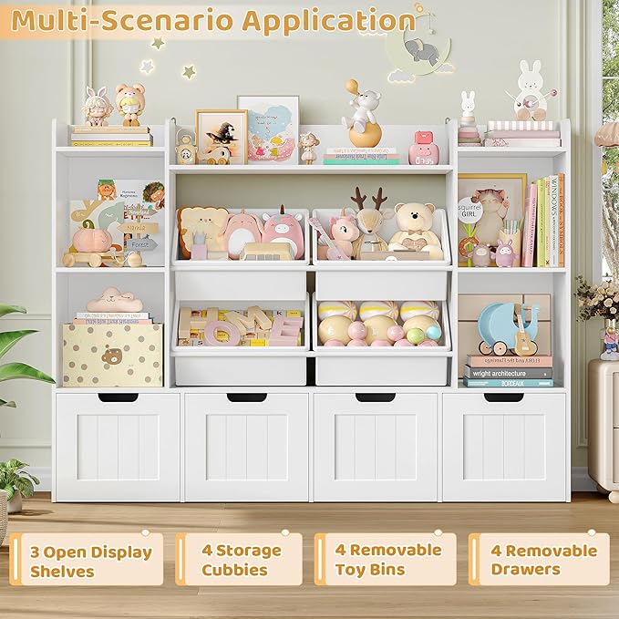 LULUBEAR Toy Storage Organizer, Toy Organizer with 4 Movable Drawers and 4 Box Bins, Kids Playroom Storage Organization with Hidden Wheels for Living Room, Kids Room