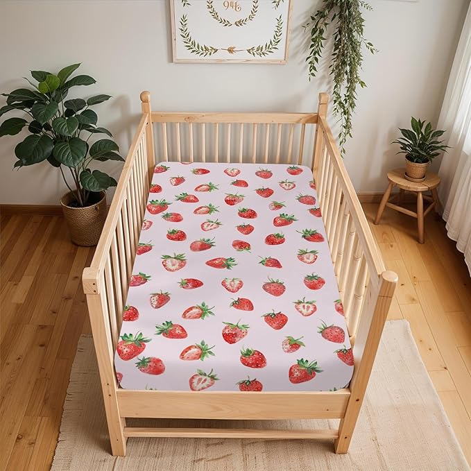 Red Strawberries Baby Crib Sheets for Boy Girl 52x28Inch Watercolor Strawberries Fruit Soft Snug Fitted Crib Mattress Cover Sweet Summer Pink Baby Sheet for Standard Crib and Toddler Bed Mattress