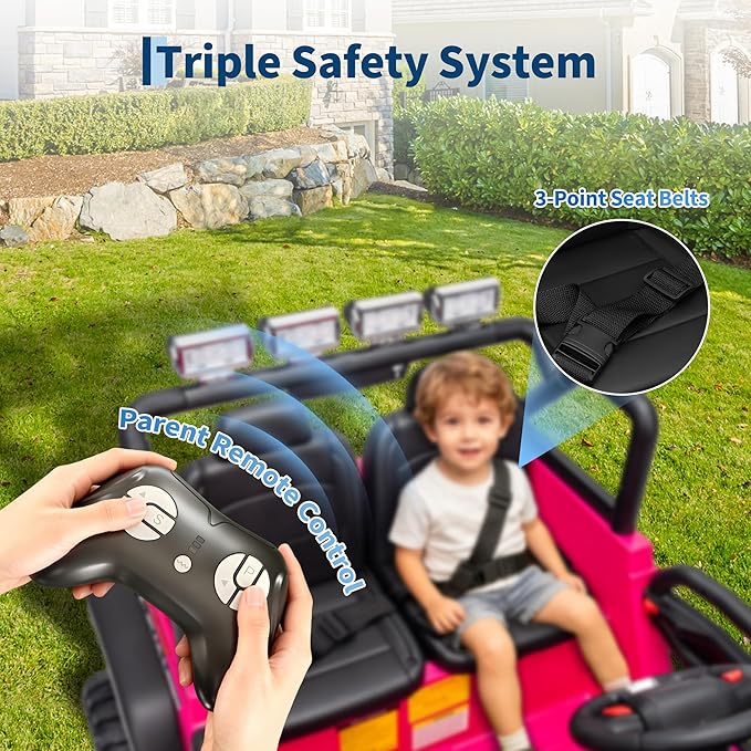 24V 2-Seater Kids Electric Truck with Parent Remote Control, 100Min Ride-on Car, 4WD Dual Motor, 2 Speeds, Spring Shock Absorber, LED Headlights, Siblings Gift Kids Electric Vehicle, Rose