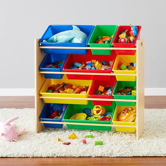 Amazon Basics Kids Toy Storage Organizer With 12 Plastic Bins, Natural Wood With Bright Bins, 10.9" D x 33.6" W x 31.1" H