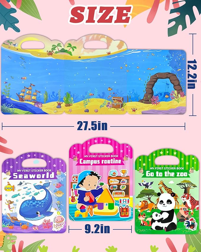 Benresive Reusable Sticker Books for Toddlers, 3 Sets Travel Stickers for Kids, Toddler Sticker Book, Crafts Activities for Toddlers, 3 and Up Birthday Gifts Travel Toys