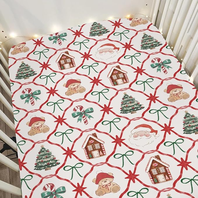 Red and Green Christmas Stripe Baby Crib Sheets for Boy Girl 28"x52" Bear Santa Trees Bows Candy Soft Snug Fitted Crib Mattress Cover Winter Holiday Baby Sheet for Crib & Toddler Bed Mattresses