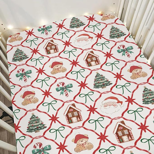 Red and Green Christmas Stripe Baby Crib Sheets for Boy Girl 28"x52" Bear Santa Trees Bows Candy Soft Snug Fitted Crib Mattress Cover Winter Holiday Baby Sheet for Crib & Toddler Bed Mattresses