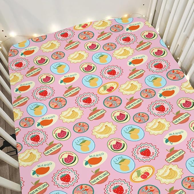 Fruits Summer Preppy Baby Crib Sheets for Girl 52x28Inch Cute Tropical Fruits Stamp Soft Snug Fitted Crib Mattress Cover Retro Summer Beach Nursery Baby Sheet for Standard Crib & Toddler Bed Mattress
