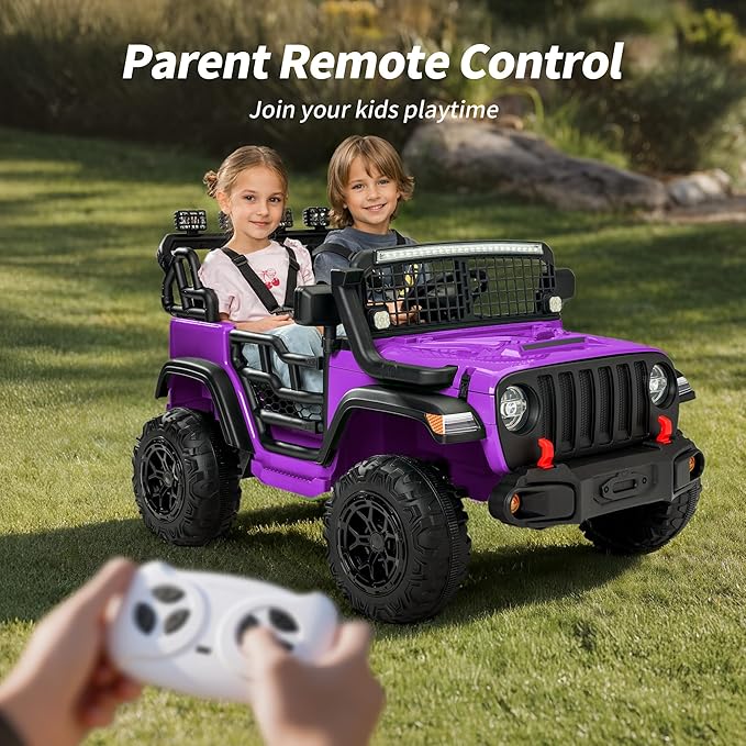 2 Seater Ride on Car Toy, 12V Electric Car for Kids 4-8 with Remote Control, Capacity 110 lb, LED Light - Purple