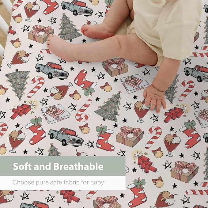 Boho Christmas Movie Baby Crib Sheets for Boy Girl 52x28 Christmas Tree Stockings Candy Pizza Truck Soft Snug Fitted Crib Mattress Cover Winter Holiday Baby Sheet for Standard Crib & Toddler Mattress