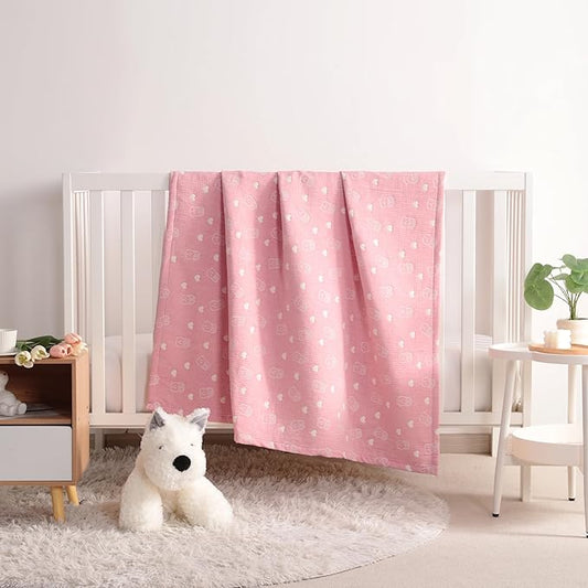 NTBAY 3 Layer Muslin Cotton Toddler Blanket, Jacquard Reversible Nursery Bed Blanket, Super Soft and Thermal for All Seasons, Decoration Gift, 30"x40", Pink Rabbit