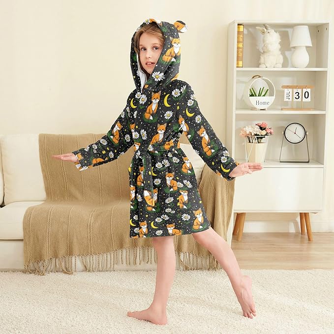 Fox Floral Cute Stars Bathrobe Hooded PJ Robe Soft Fleece Robe Pajama Sleepwears 2-12 Years