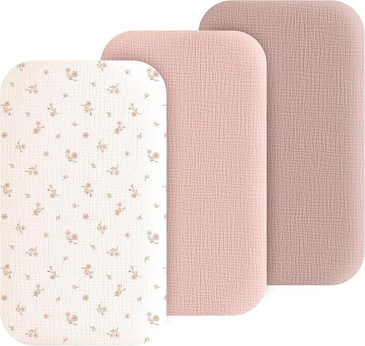 Muslin Bedside Sleeper Bassinet Fitted Sheets, 3 Pack Cotton Baby Sheet for Boys & Girls, Soft, Compatible with Baby Delight, Dream On Me, AMKE and Other Rectangle Mattress (Daisy Petal)