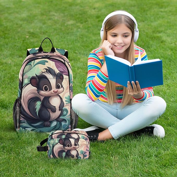 Jucciaco Cute Cartoon Skunk Kids Backpack with Lunch Bag for Boys Girls Travel School Backpack Sets