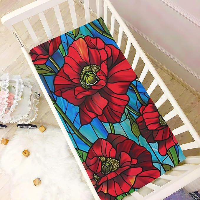 Glass Art Poppy Blue Crib Sheets Standard Crib Toddler Mattresses Cover Fitted Baby Bed Sheet Breathable Crib Mattress Sheet for Girls Boys 52" x 28"x5''