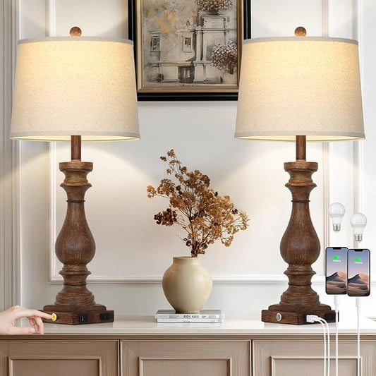 Cinkeda 29" Tall Farmhouse Table Lamp for Living Room Set of 2,Vintage Retro Nightstand Lamps with USB C+A Ports & AC Outlet,3-Way Dimmable Touch Bedside Lamp for Bedroom Side Table,Brown