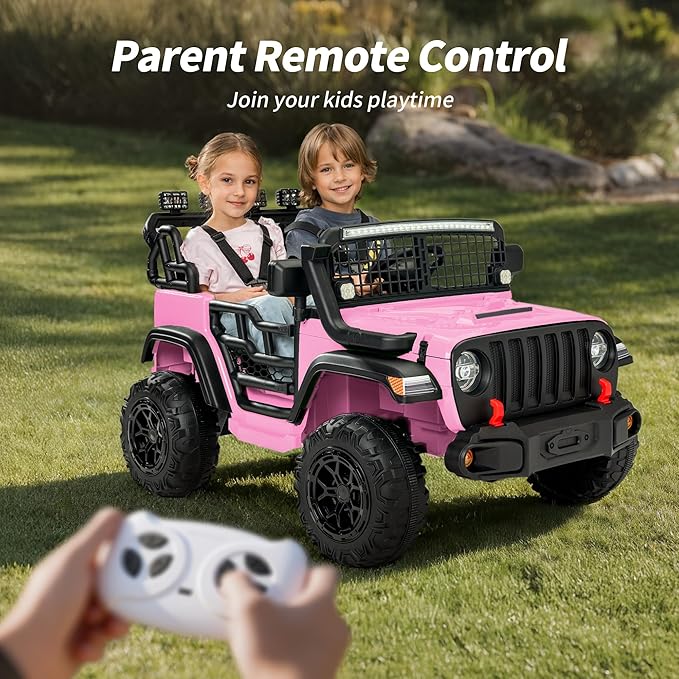 2 Seater Ride on Car Toy, 12V Electric Car for Kids 4-8 with Remote Control, Capacity 110 lb, LED Light - Light Pink