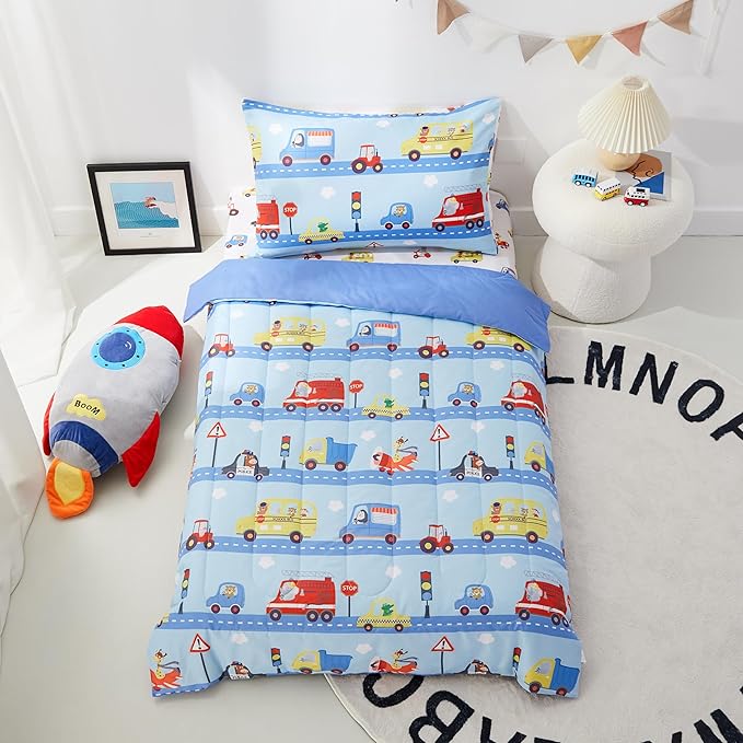 PINNKKU 4-Piece Toddler Bedding Set, Includes 1 Flat Sheet, 1 Fitted Sheet, 1 Comforter and 1 Reversible Pillowcase, Standard Toddler Comforter & Sheet Set, Ultra Soft Toddler Bed Set, Cars & Road