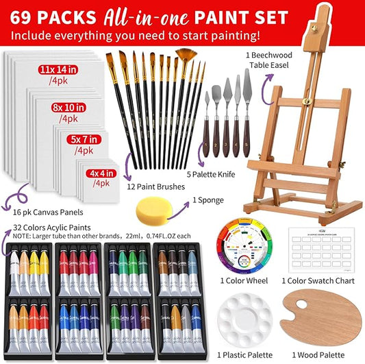 ARTALLY Acrylic Paint Set for Adults & Kids, 69 Pcs Canvas Painting Kits, 32 Colors Acrylic Paint (22ML),Table Easel,Brushes,Canvas, Art Painting Supplies Kit for Students,Artists,Beginners