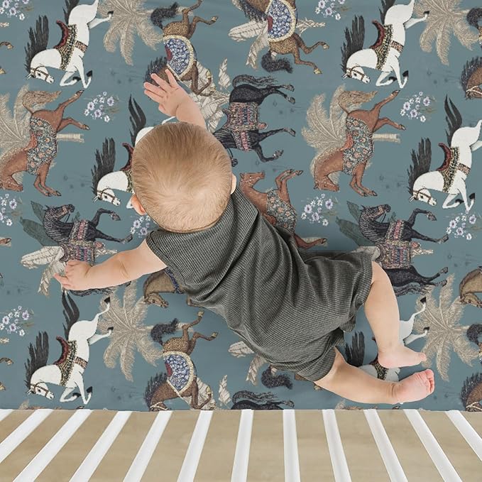 Vintage Horses Baby Crib Sheets for Boy Girl 52x28Inch Retro Arabian Horses Palm Trees Soft Stretchy Fitted Crib Mattress Covers Horse Lovers Baby Sheet Fits Crib and Toddler Bed Mattresses Blue